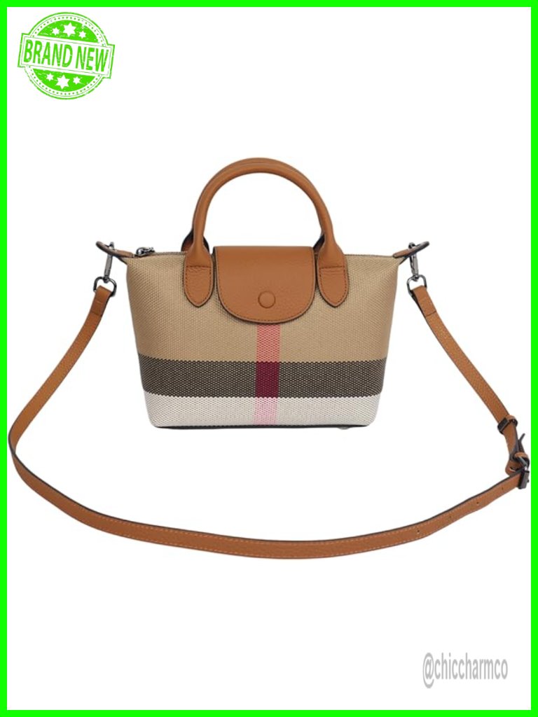Mini Plaid Satchel Handbag With Genuine Leather Trim Structured Shoulder Bag
